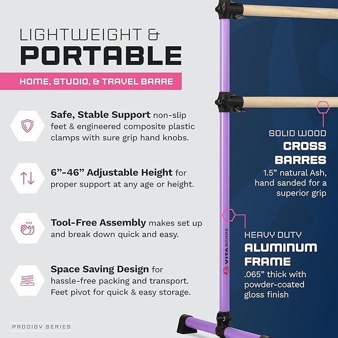 VITA Barre Portable Freestanding Double Ballet Barre, Prodigy, with Carry Bag | Adjustable Height, USA Made, Home or Gym Exercise Equipment for Kids & Adults | Dance, Fitness, Pilates