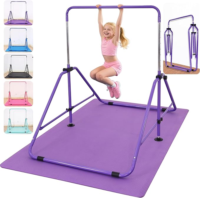 MARFULA Foldable Gymnastic Bar for Kids Ages 3-12, 9 Height Levels, 200 lbs Weight Capacity, 5 Ft Length Gymnastic Kip Bar with Mat, Gymnastic Equipment for Home and Gym Center Indoor Outdoor Use