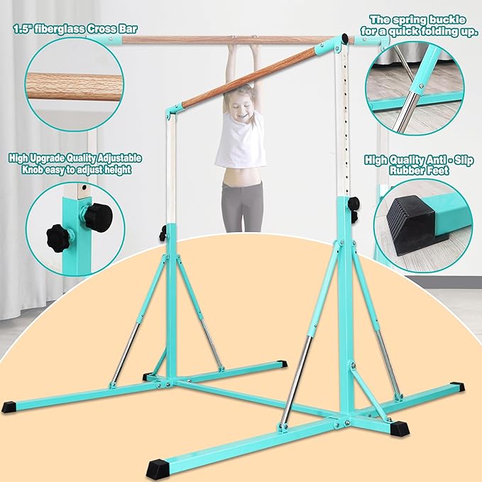 Gymnastics Bar for Kids Ages 3-15, 35" to 60" Adjustable Height, 4FT Wide Base - Professional Kip Bar with 360° Stability & Fiberglass Crossbar, Easy Fold&Solid Design for Home Training