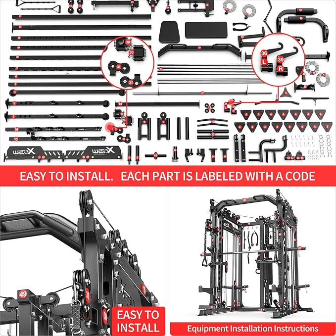 Smith Machine, Multi-Purpose Strength Power Cage with Cable Crossover System and More Training Accessories,Squat Rack Power Rack，Suitable for Home Gyms