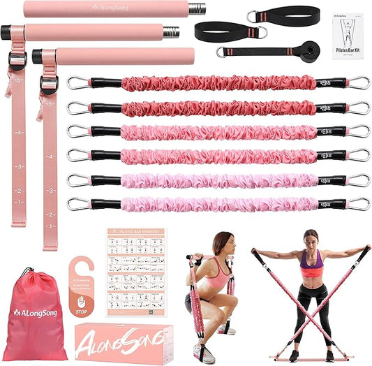 Upgraded Pilates Bar Kit with Resistance Bands Natural Latex for Women & Men, Heavy-Duty Stainless Steel Multifunctional Yoga Pilates Stick for Home Gym Exercise Fitness Equipment Full-Body Workouts