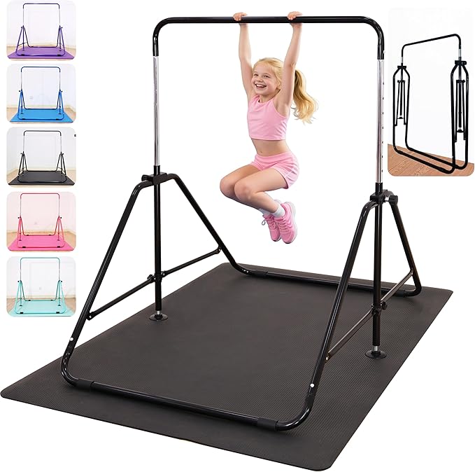 MARFULA Foldable Gymnastic Bar for Kids Ages 3-12, 9 Height Levels, 200 lbs Weight Capacity, 5 Ft Length Gymnastic Kip Bar with Mat, Gymnastic Equipment for Home and Gym Center Indoor Outdoor Use