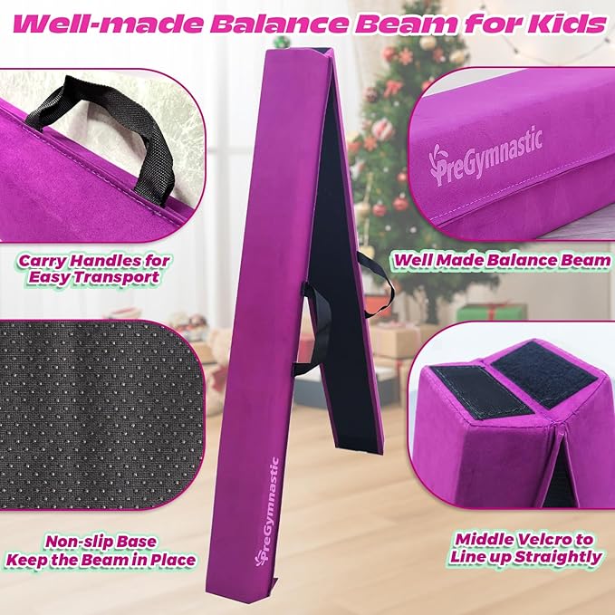 PreGymnastic 6FT/8FT/9.5FT Folding Balance Beam for Kids Ages 3-12, Foldable Gymnastics Floor Beam-Extra Firm Suede Cover with Carrying Bag for Home-Gym Equipment for Toddler Teenager