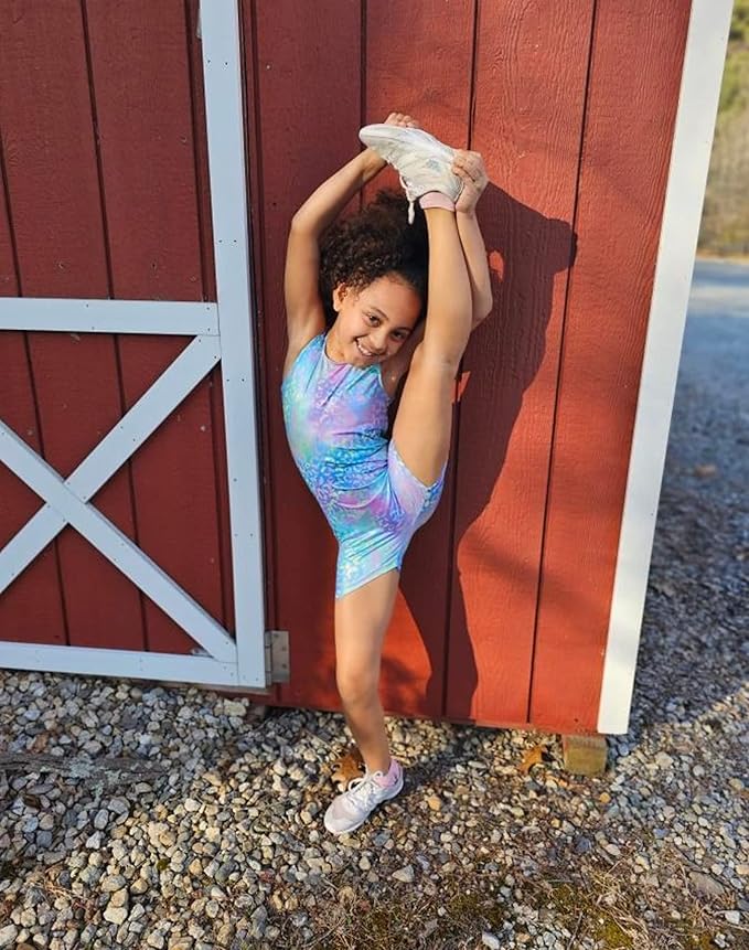 Domusgo Gymnastics Leotards for Girls Sparkly One-Piece Pro Kids Unitard Biketards with Shorts
