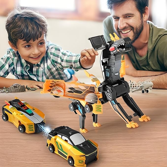 Aimery Collision Transforming Dinosaur Car Toy, 2 Magnetic Cars Convert into Dinosaur Toys,Dino Robot Toy, Boys Toys,Kids Toys, Party Birthday for Kids (Golden)