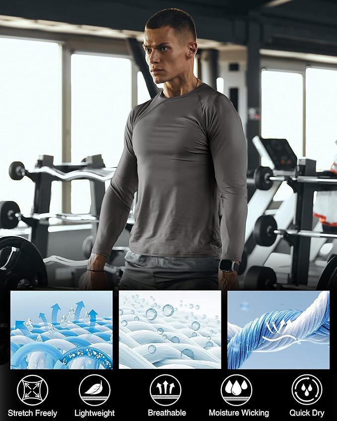 Men's Long Sleeve Compression Shirt, Quick Dry Athletic Base Layer Top, Skins Fit Football Running Workout Undershirt