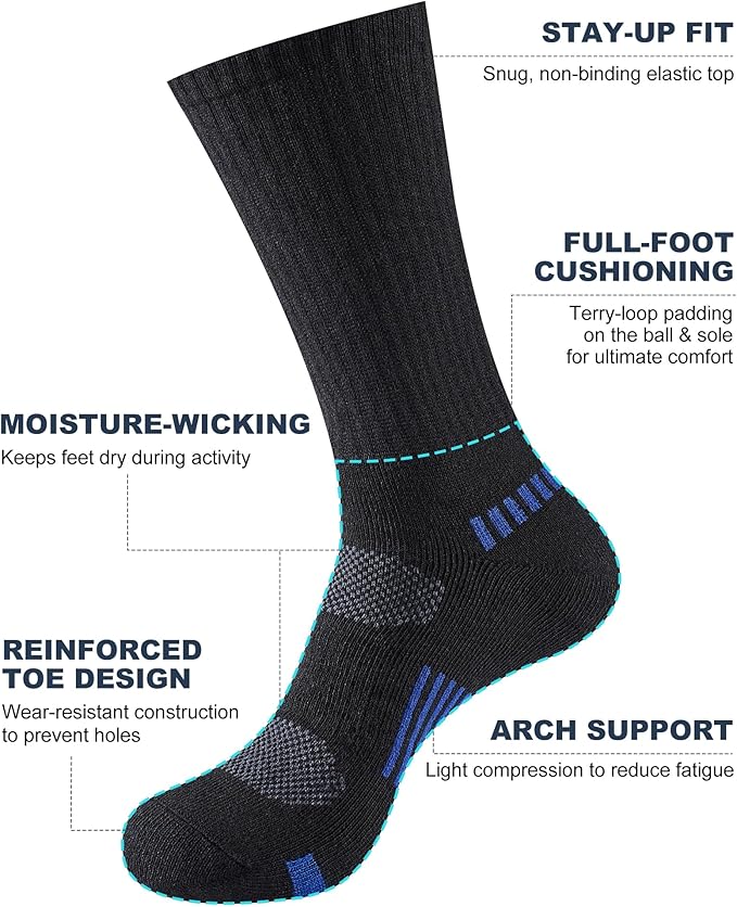 Mens Cotton Boot Crew Socks, 5 Pairs Full Cushion Socks Moisture-Wicking & Reinforced for Work Hiking Walking Outdoor