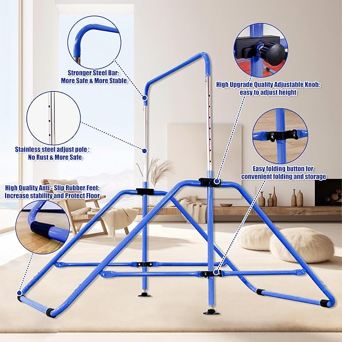 MARFULA Foldable Gymnastic Bar for Kids Ages 3-12, 9 Height Levels, 200 lbs Weight Capacity, 5 Ft Length Gymnastic Kip Bar with Mat, Gymnastic Equipment for Home and Gym Center Indoor Outdoor Use