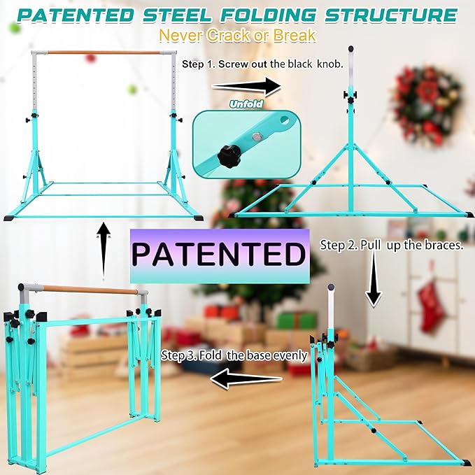PreGymnastic Foldable Gymnastics Bar, 5.6FT Folding Horizontal Bars for Kids Ages 3-12, Weight Limit 350 LBS, Adjustable kip Bar, Children Home Gym Equipment Indoor