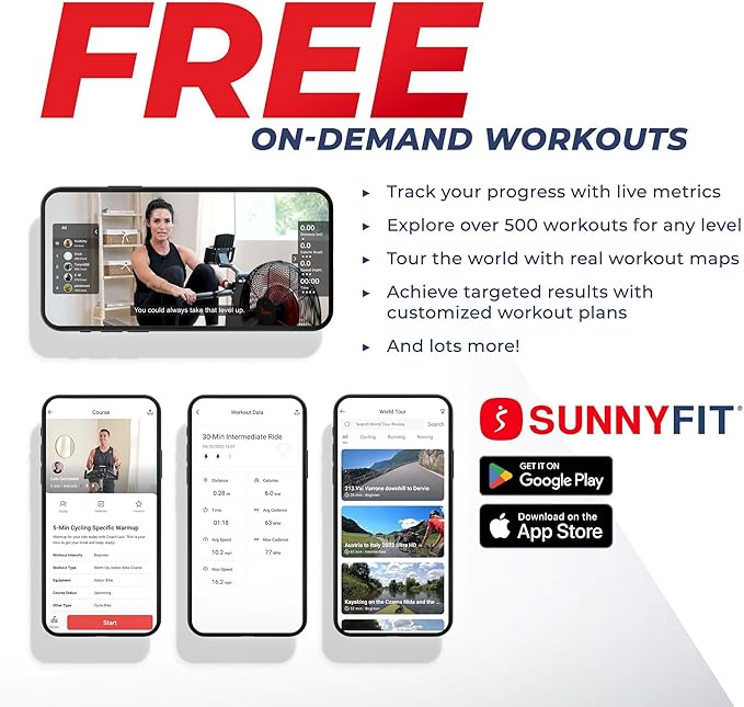 Sunny Health & Fitness Flip & Foldable Rowing Machine for Home w/Extended Slide Rail, Full-Body Workout, Low-Impact, Optional Extra Long Rail, Quiet Rail Cover, Water Motion and Free SunnyFit App