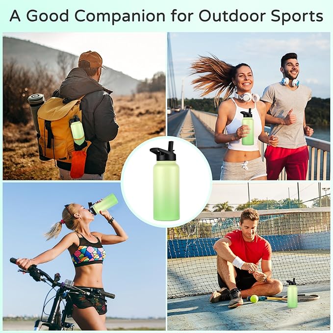 DOMICARE 40 oz Insulated Water Bottle Bulk, Vacuum Insulated Stainless Steel Sports Water Bottle with Straw Lid & Spout Lid, Leakproof, Reusable - Travel, Camping, Bike, Green Gradient (4 Pack)