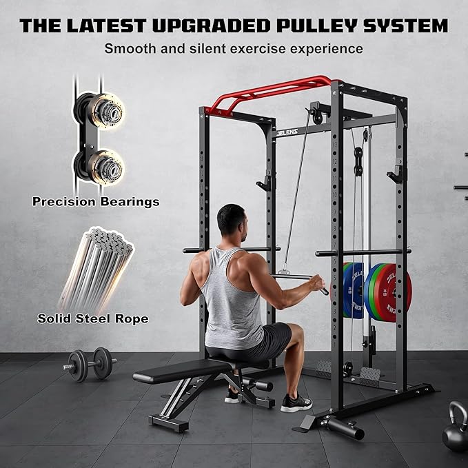 Power Cage, 2000LBS Multi-Function S11 Power Rack with LAT Pulldown, Squat Rack with Adjustable Pulley System and More Training Attachments, Weight Workout Machine for Home Gym