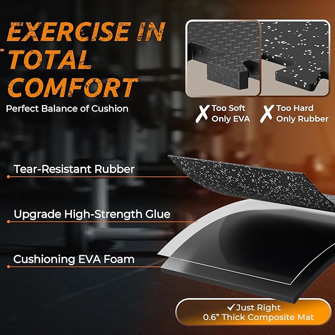 PRAISUN 0.6" Thicker Rubber Top Gym Flooring for Home Gym, 24 Pcs 96 Sq Ft Workout Mats, Exercise Mat, Interlocking Rubber Floor Mats with High Density EVA Foam for Garage, 24 x 24in, Black/Grey