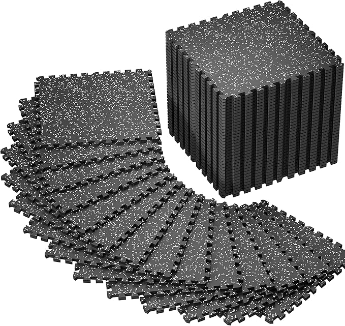 SUPERJARE 0.56'' Thick 48 Pcs 192 Sq Ft Rubber Top Exercise Equipment Mats, High Density EVA Foam Mats with Rubber Top, Interlocking Gym Flooring for Home Gym, Protective Workout Mat, Black/Grey