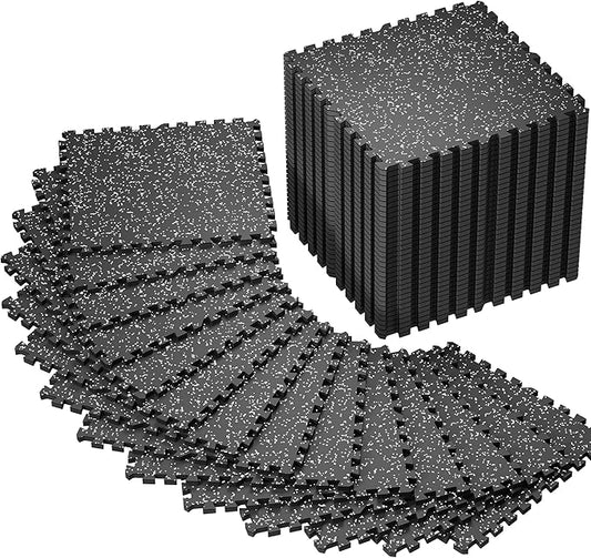 SUPERJARE 0.56'' Thick 48 Pcs 192 Sq Ft Rubber Top Exercise Equipment Mats, High Density EVA Foam Mats with Rubber Top, Interlocking Gym Flooring for Home Gym, Protective Workout Mat, Black/Grey