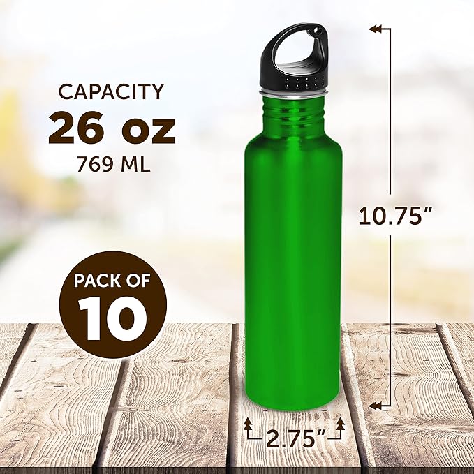 DISCOUNT PROMOS Stainless Steel Water Bottles 26 oz. Set of 10, Bulk Pack - Reusable, Leak Proof, Perfect for Gym, Hiking, Camping, Outdoor Sports - Green