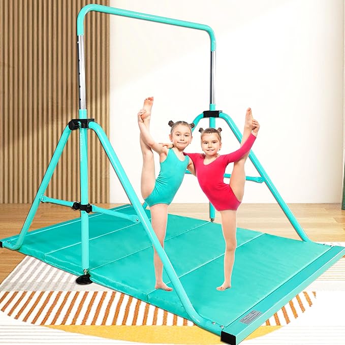 PreGymnastic Folding Gymnastics Bar with Rings, Foldable Kip Bar with Sturdier Base, Training Bar for Kids Ages 3-10, Horizontal Bar, Home Gym Equipment for Boy Girl