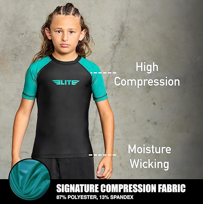 Elite Sports Kids Jiu Jitsu BJJ Rash Guard, Short Half Sleeve Compression Shirt for Youth Boys Girls Sports Nogi Training