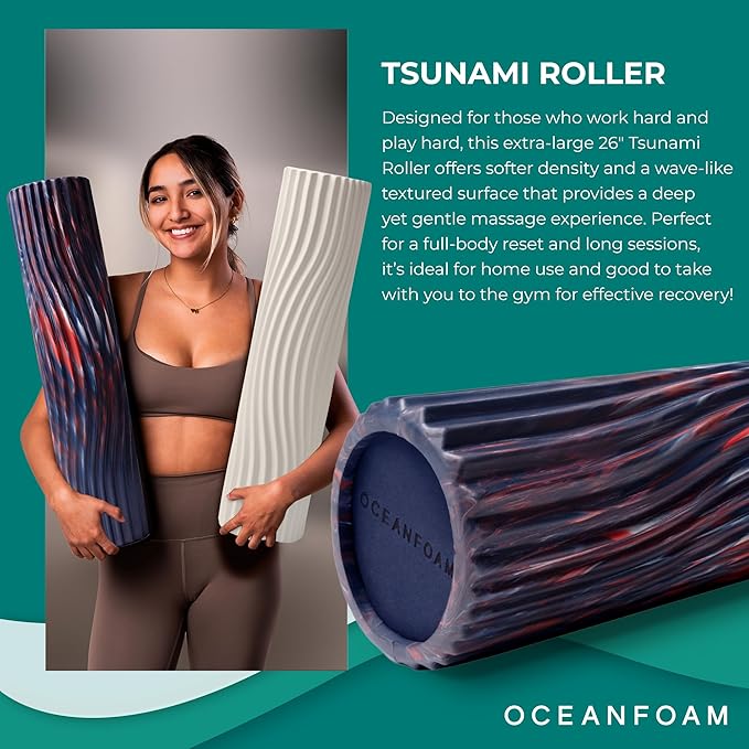 Oceanfoam Tsunami Roller (Dark Navy, Red & Natural Marbled) - Extra-Large, 26" x 5.9" - Soft, Textured Foam Roller for Physical Therapy, Back Pain, Exercise & Stretching - Yoga, Athletics, & Wellness