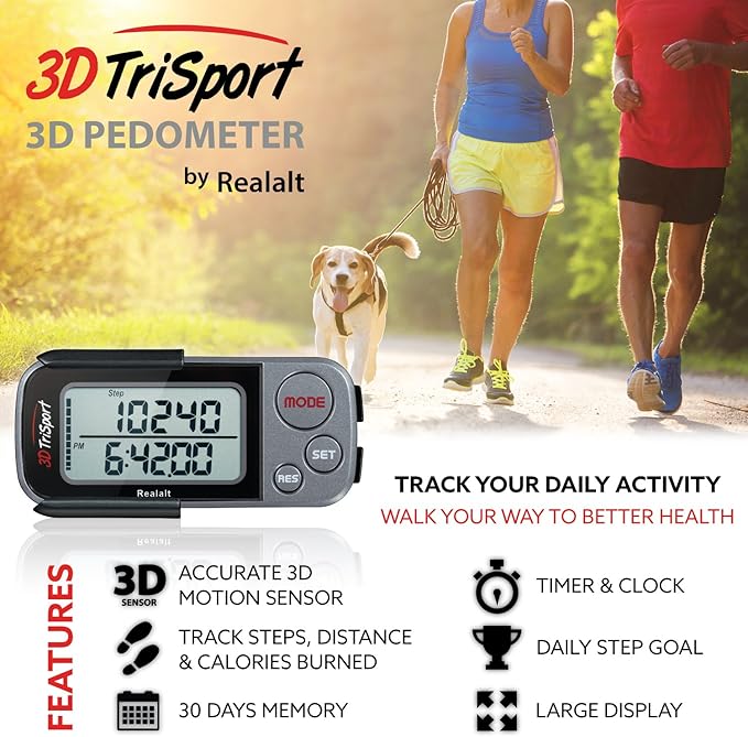Realalt 3DTriSport Walking 3D Pedometer with Clip & Strap, eBook Included 30 Days Memory Accurate Step Counter, Walking Distance Miles/Km, Calorie Counter, Daily Exercise Time Monitor