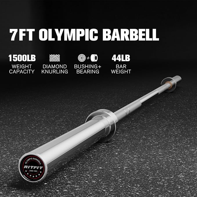 RITFIT 7FT Olympic Barbell for Strength and Weightlifting Training - 2 Inch Olympic Bar for Squat, Deadlift, Bench Press, Curl, Overhead Press - 600lbs/1000lbs/1200lbs Capacity