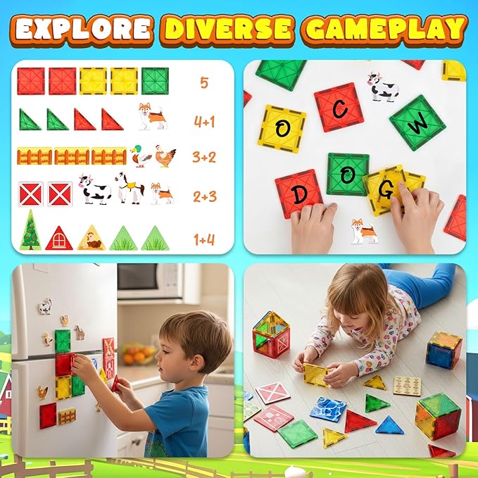 3 otters 42PCS Magnetic Tiles Toys with Farm Animals, Magnetic Building Blocks Educational STEM Toys for Christmas Party Gifts Kids Toddlers Preschool Classroom