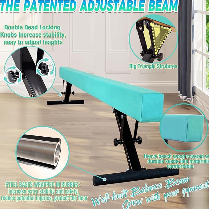 PreGymnastic 8FT Balance Beam, Raised Gymnastics Beam for Kids Ages 3-12, Home Gym Equipment for Training, Adjustable Balancing Beam Indoor, Off-Ground Competition Style