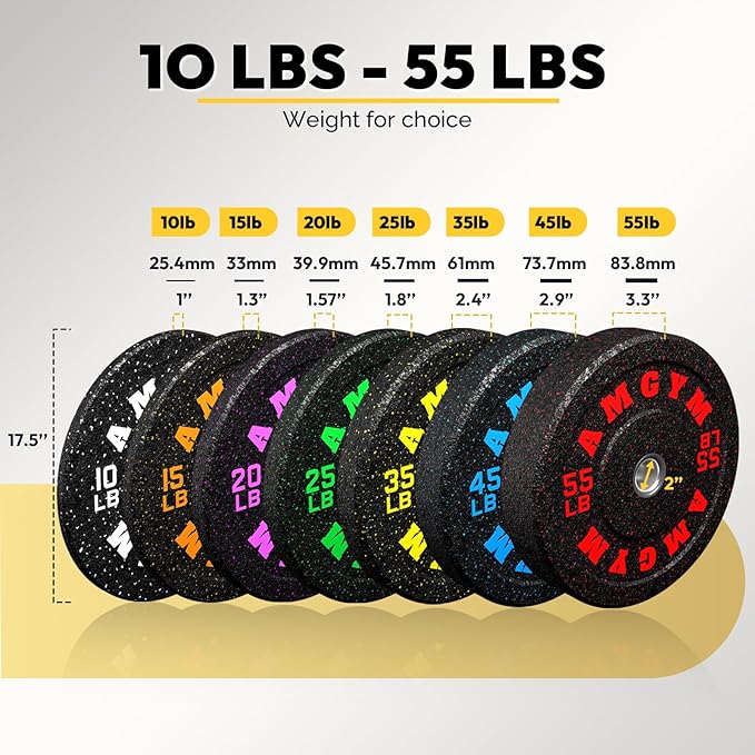 2 Inch Bumper Plates，10-500lbs，Barbell Rubber Olympic Weight Plates Set for Home Gym, Strength Training & Weight Lifting, Multiple Options Colors