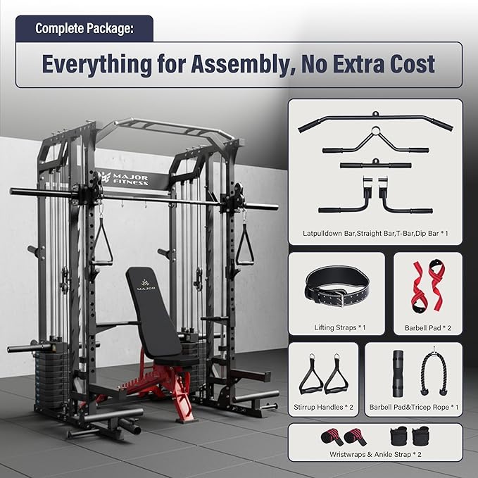 Major Fitness Drone2 Advanced Training Smith Machines– All-in-One Home Gym Squat Rack with Aluminum Pulley Set , Weight Bar, Dual LAT Pull-Down Systems & Cable Crossover Machine for Full-Body Workouts