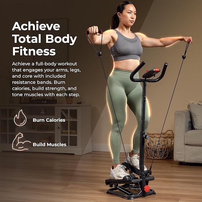Sunny Health & Fitness Total Body 2-in-1 Smart Stepper Machine for Home with Handlebar and Resistance Bands, Total Body Workout, Adjustable Hydraulic, LCD Monitor, Non-Slip Pedals – 330 LB Max Weight