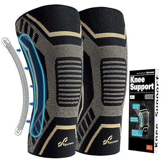 Sportneer Knee Brace with Dual Side Stabilizers – Maximum Support Compression Knee Sleeve for Men & Women, Anti-Slip Knee Support for Running, Workout, Arthritis, ACL & Pain Relief (Black-Copper, Large(18"-20"))