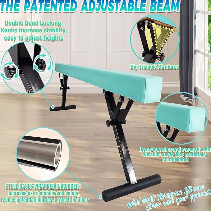PreGymnastic 8FT Balance Beam, Raised Gymnastics Beam for Kids Ages 3-12, Home Gym Equipment for Training, Adjustable Balancing Beam Indoor, Off-Ground Competition Style