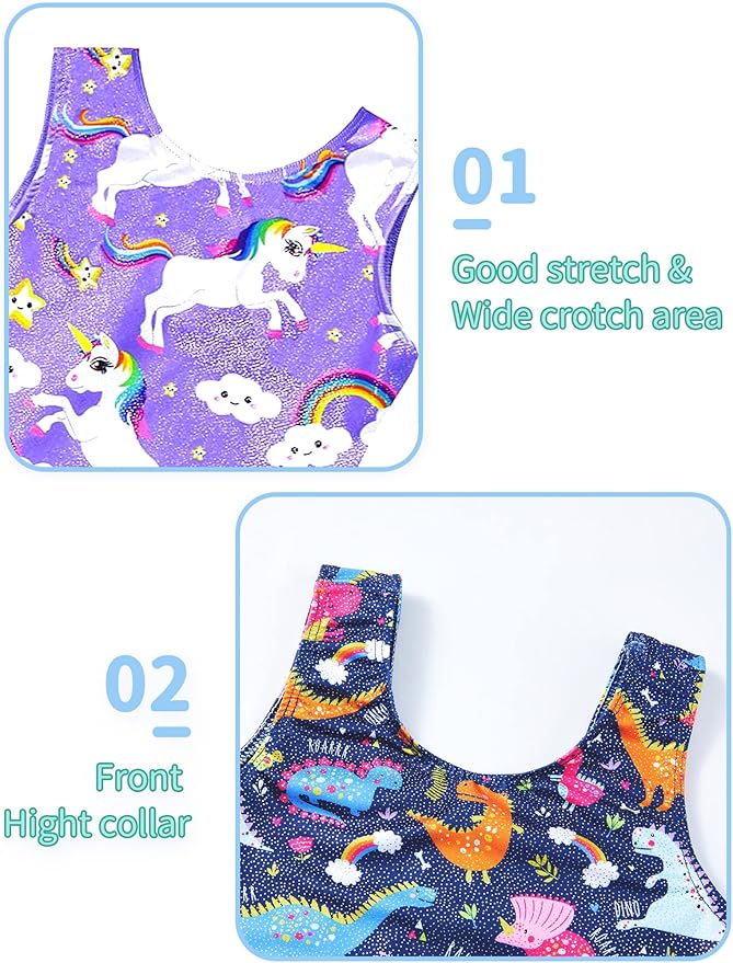 Nymphperi 2 Packs Gymnastics Leotard for Girls Sparkle Biketards with Shorts Kids Sleeveless Unitard One-Piece Dancewear