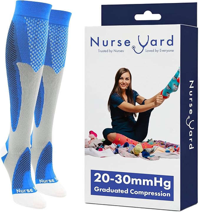 Nurse Yard Compression Socks for Women and Men | 20-30mmHg Graduated Medical Compression Socks for Nurses | Travel and Flying | Athletic Support for Running, Best Compression Socks | 1 Pair Blue
