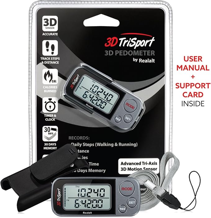 Realalt 3DTriSport Walking 3D Pedometer with Clip & Strap, eBook Included 30 Days Memory Accurate Step Counter, Walking Distance Miles/Km, Calorie Counter, Daily Exercise Time Monitor