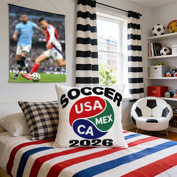 18x18 Inches Decorative Pillow Covers 1pc for World Soccer 2026 Fan, Host Nations Embroidered Throw Pillows Cases for Couch Bed Room, Game Day Home Decor Pillows Covers Gifts for Women Men