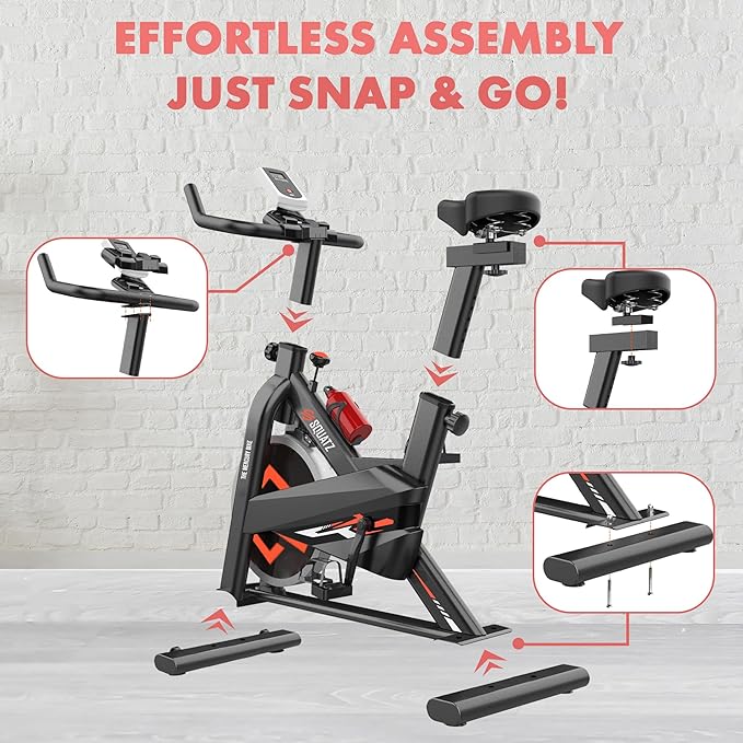SQUATZ Indoor Exercise Bicycle With Training Console, 4-Way Adjustable Seat and Handlebar, 8 Resistance Levels, Workout Equipment for Home Gym with Comfortable Seat Cushion, Digital LCD Display