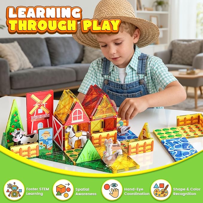 3 otters 42PCS Magnetic Tiles Toys with Farm Animals, Magnetic Building Blocks Educational STEM Toys for Christmas Party Gifts Kids Toddlers Preschool Classroom
