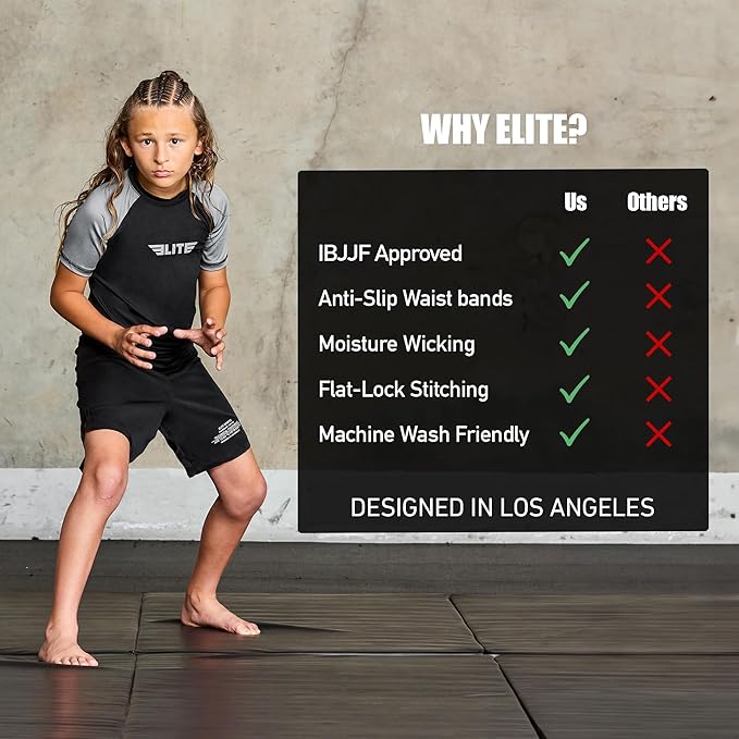 Elite Sports Kids Jiu Jitsu BJJ Rash Guard, Short Half Sleeve Compression Shirt for Youth Boys Girls Sports Nogi Training