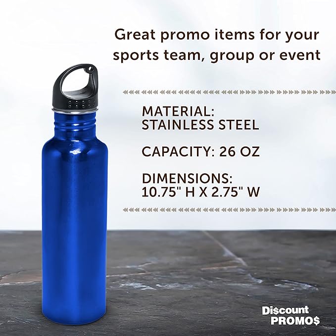 DISCOUNT PROMOS Stainless Steel Water Bottles 26 oz. Set of 10, Bulk Pack - Reusable, Leak Proof, Perfect for Gym, Hiking, Camping, Outdoor Sports - Met Blue