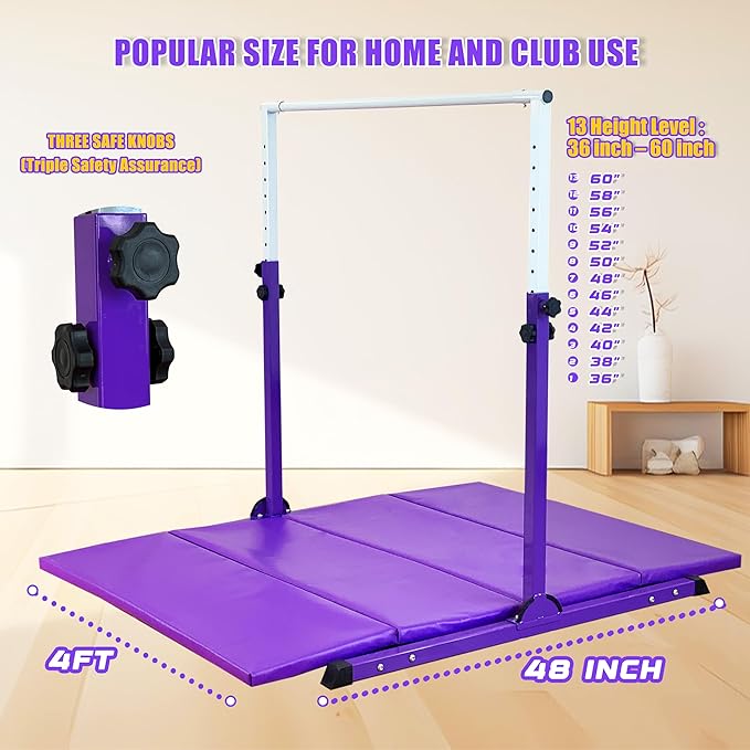 MARFULA Gymnastic Bar with 4 ft Inner Width 5 ft Adjust Height for Kids Kip Bar with 350 lbs Gymnastic Training Equipment for Kids 3-15 Years Home and Club Use