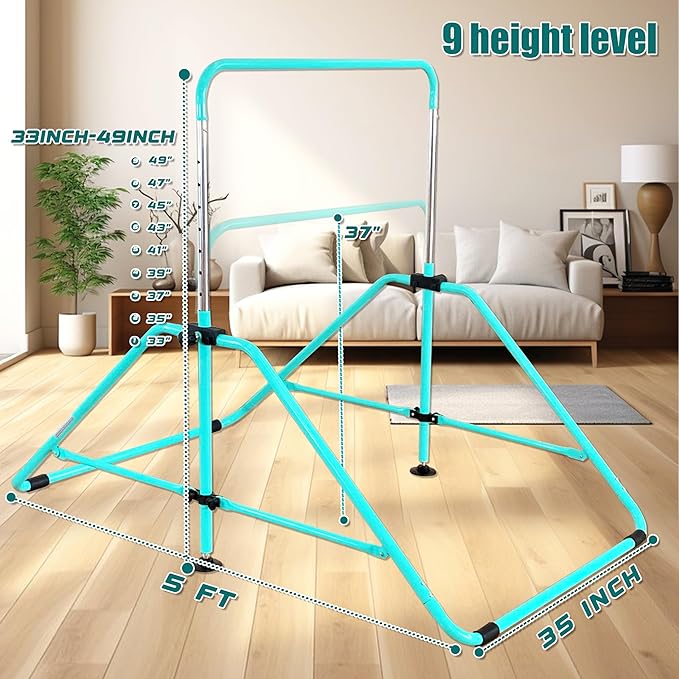 MARFULA Foldable Gymnastic Bar for Kids Ages 3-12, 9 Height Levels, 200 lbs Weight Capacity, 5 Ft Length Gymnastic Kip Bar with Mat, Gymnastic Equipment for Home and Gym Center Indoor Outdoor Use