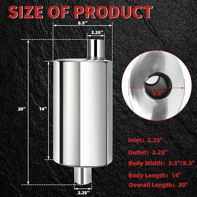 LCGP 2.25” Ultra Quiet Resonator, 2.25'' Inlet & Outlet 20" Overall Length Universal Muffler, 304 Stainless Steel vibrant performance resonator 2.25", Oval Muffler Shape, Polished, Pass-Thru Design