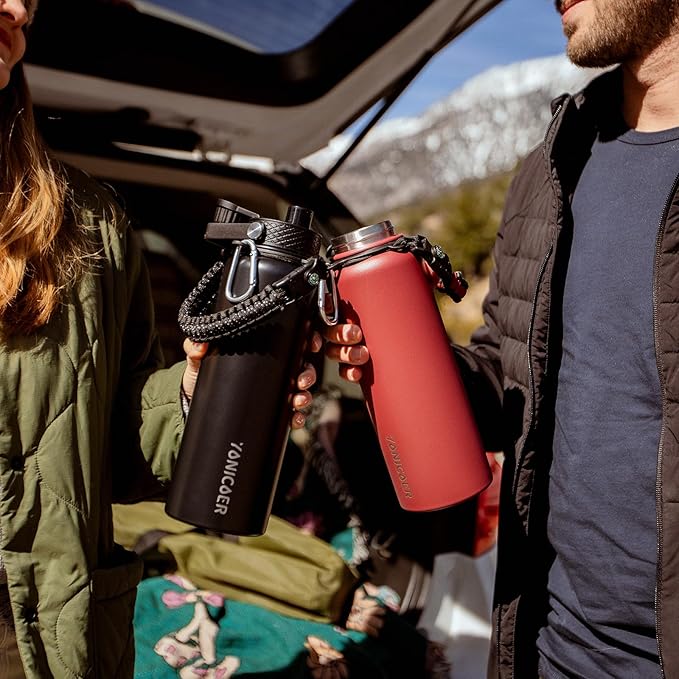 Insulated Water Bottle 40oz,Triple Wall Vacuum Stainless Steel(Dishwasher Safe),Leak Proof & Non-BPA,Flask Jug with Paracord Handle & Straw Spout Lids Sports Gradient indigo blue/black