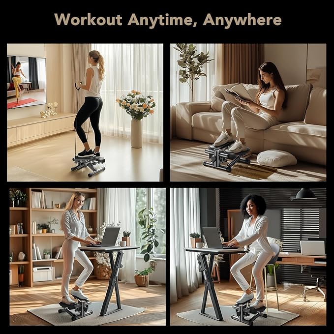 Mini Stepper with Resistance Bands, Stair Stepper for Exercise at Home, Compact Hydraulic Fitness Machine, Adjustable Step Height, Quiet Design, 300LBS Capacity, Calories, and Steps Tracking