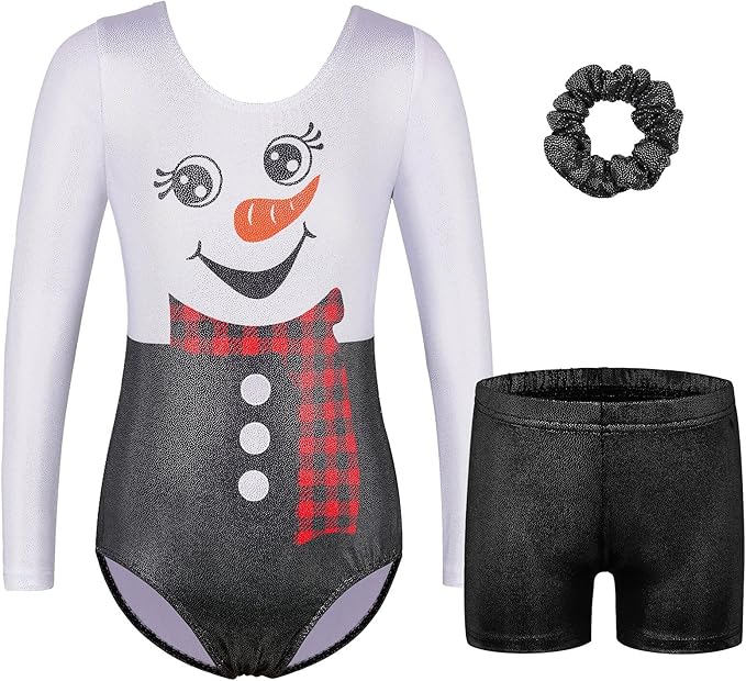 BAOHULU Gymnastics Leotards for Girls Long Sleeve Sparkly Cute Pattern Dance Outfit with Matching Shorts Set