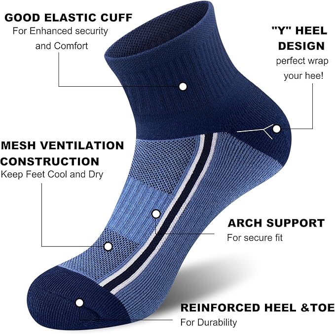 Gonii Mens Athletic Ankle Socks 5-Pairs - Blister Defense & Cushioned for Running, Hiking, Sports