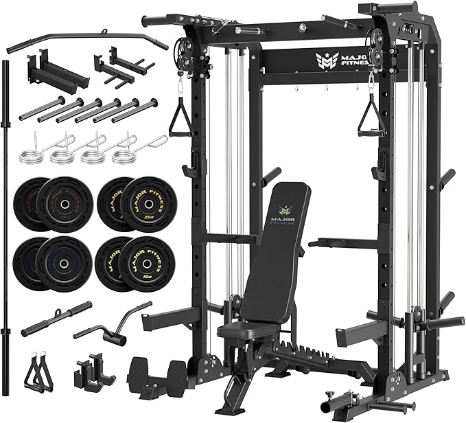 MAJOR FITNESS F22 Power Rack, 1600lbs All-in-One Squat Rack with Dual Pulley System, Heavy-Duty Steel Frame, Attachments & Storage for Home Gym Strength Training