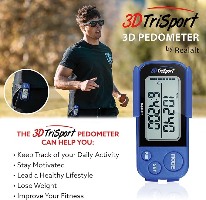 Realalt 3DTriSport Walking 3D Pedometer with Clip & Strap, eBook Included 30 Days Memory Accurate Step Counter, Walking Distance Miles/Km, Calorie Counter, Daily Exercise Time Monitor