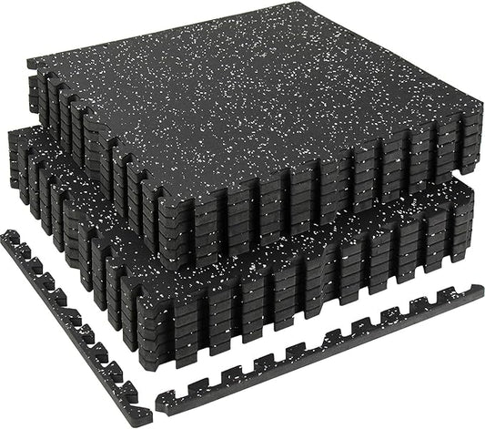 0.56in Thick 48 Sq Ft Exercise Equipment Mats, 12 Tiles Rubber Top EVA Foam Workout Mats, Interlocking Gym Flooring for Home Gym, 24 x 24in, Black & White